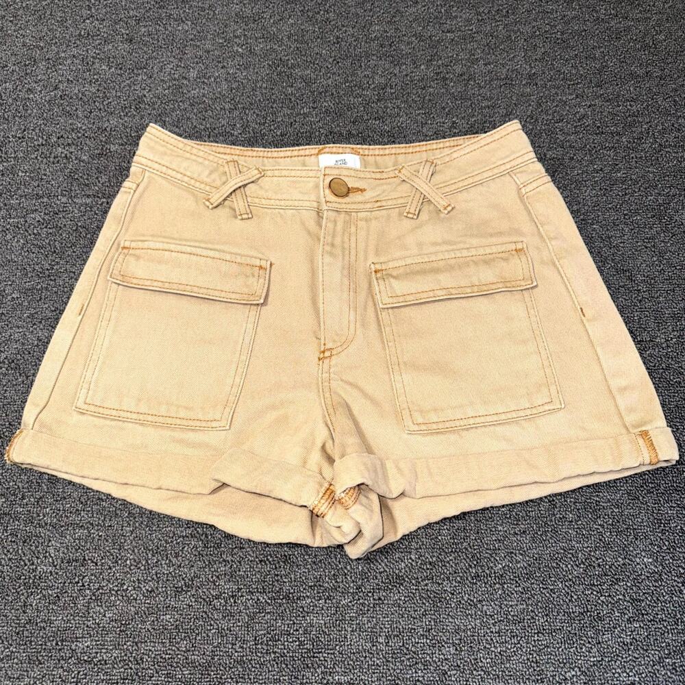 River Island Utility Shorts Womens 10 Beige High Rise Pockets Roll Cuff Summer